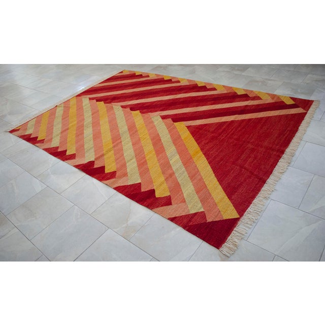 Modern Geometric Handmade Turkish Rug Kilim Chevron Oushak - 7x10 Ft Approx For Sale - Image 11 of 14