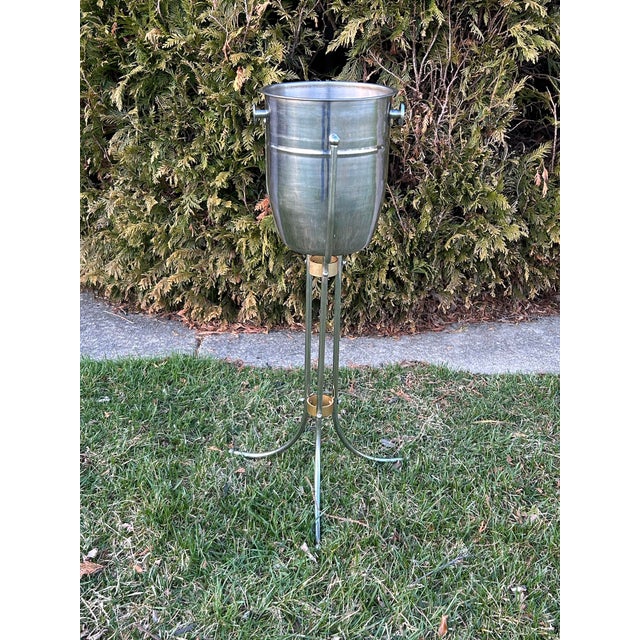 Vtg. Polished Steel and Bronze Champagne Bucket With Stand For Sale - Image 4 of 11