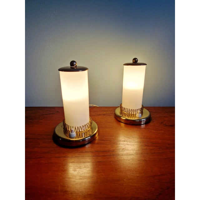 Mid-Century Modern Bedside Lamps in Brass and Cream Opaline Glass, 1950, Set of 2 For Sale - Image 4 of 16