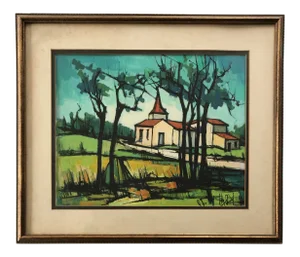 Vintage Watercolor Painting Pastoral Landscape 70s