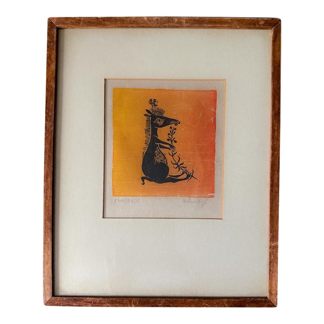 Vintage Helen Siegl Hand-Signed Fine Art Woodcut Print Rangoroo Mid Century Modern Folk Art Whimsical Animal Custom Framed For Sale