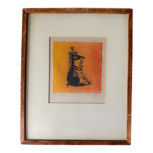 Vintage Helen Siegl Hand-Signed Fine Art Woodcut Print Rangoroo Mid Century Modern Folk Art Whimsical Animal Custom Framed