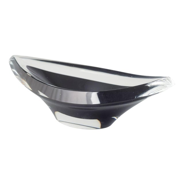 Vintage Swedish Boat Shaped Bowl in Clear and Black Art Glass from Kosta Boda, 1970s For Sale