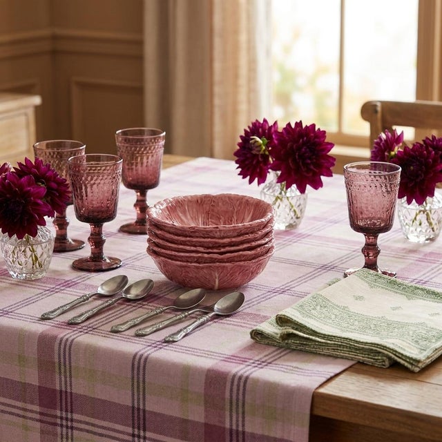 Cast in the trompe l'oeil majolica tradition, each bowl is molded and hand-painted to read as an open radicchio leaf —...