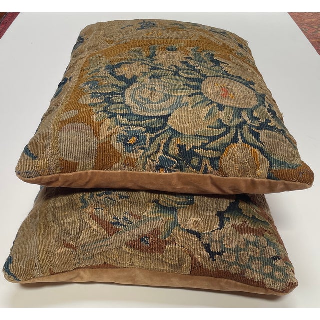 Camel 18th Century Brussels Wool Tapestry Fragment Pillows - A Pair - For Sale - Image 8 of 9