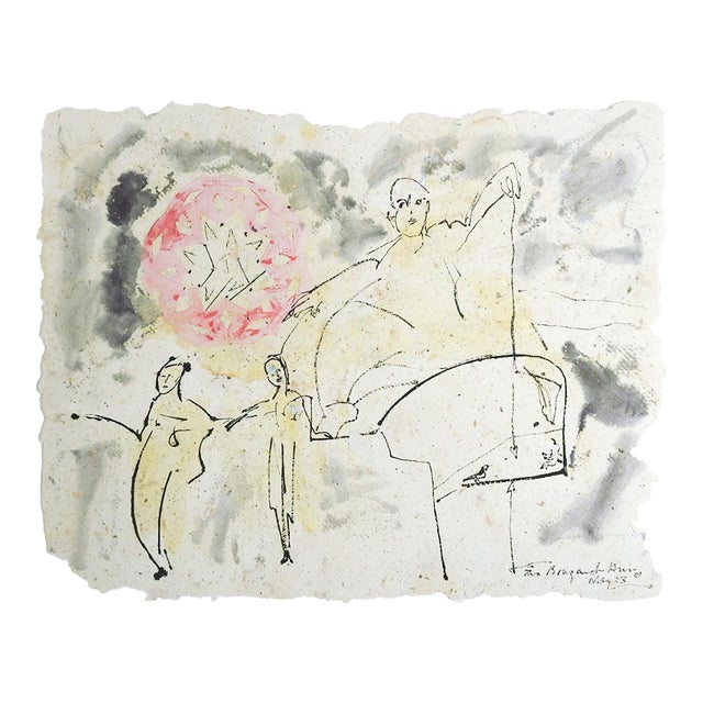 Modernist 2001 Surreal Pink Yellow Figural Painting For Sale