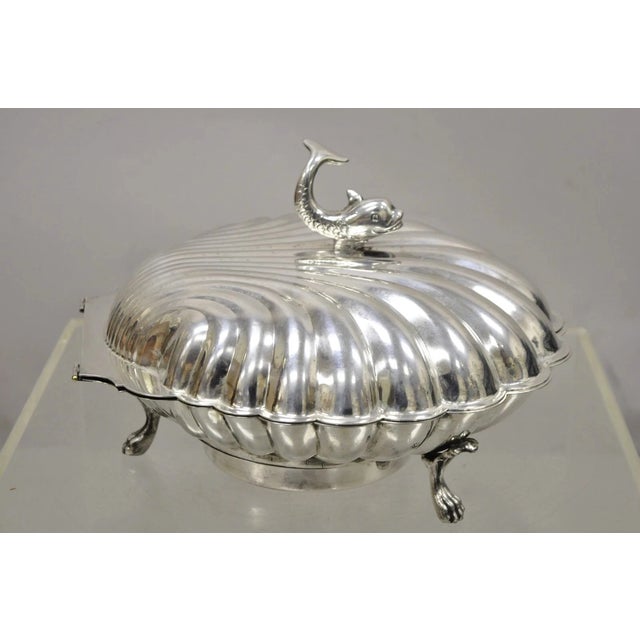 Vintage Eton Dolphin Handle Clam Shell Silver Plated Electrified Covered Serving Platter Warmer. Item raised on 3 paw...