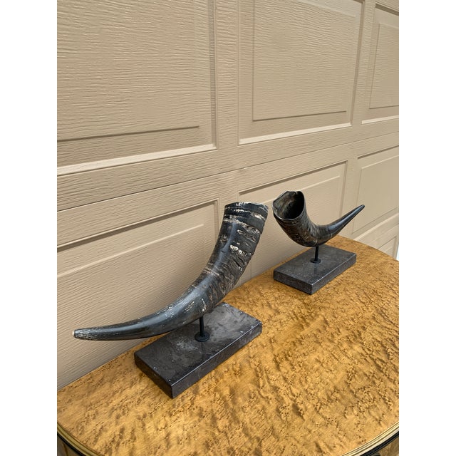 Maitland - Smith Pair of Vintage Faux Ram Horn Sculptures on Black Marble Bases For Sale - Image 4 of 16