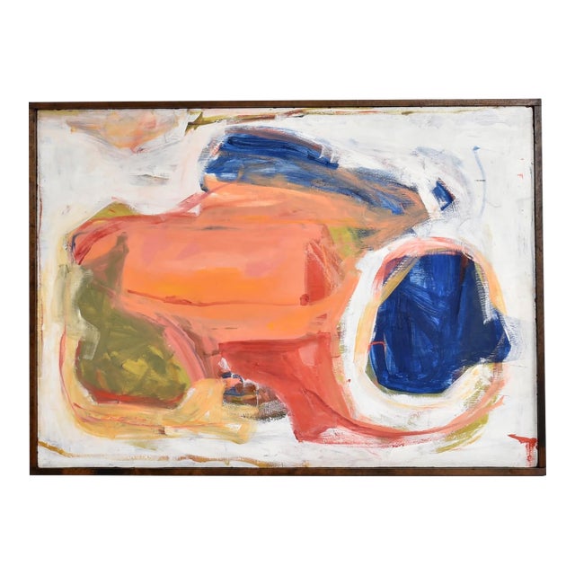 Coral Blue and White Abstract Expressionist Painting Signed Juan For Sale