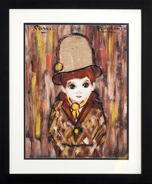 Brunette Boy in Hat, Francois Paris Gouache and Collage Painting on Paper, Signed U.r.