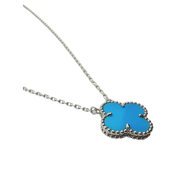 Contemporary Van Cleef & Arpels Vintage Alhambra Blue Turquoise 18k White Gold Pendant Necklace For Sale - Image 3 of 10