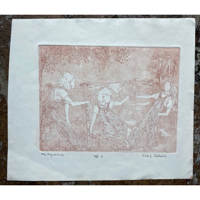 1970s etching by Sue Cohen, pencil signed, titled "Me, Reg and Jo," and marked as artist proof.