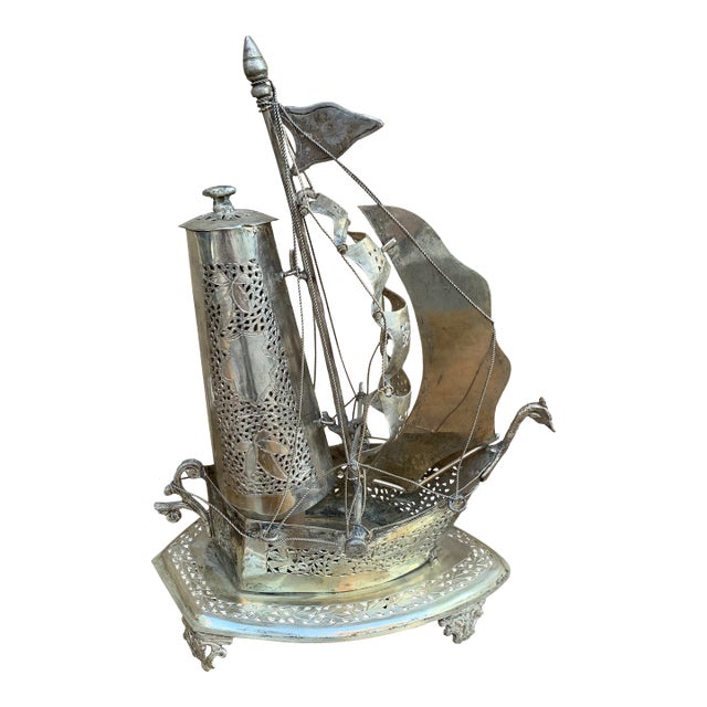 Vintage German Silver Sailing Ship Nightlight Lamp For Sale