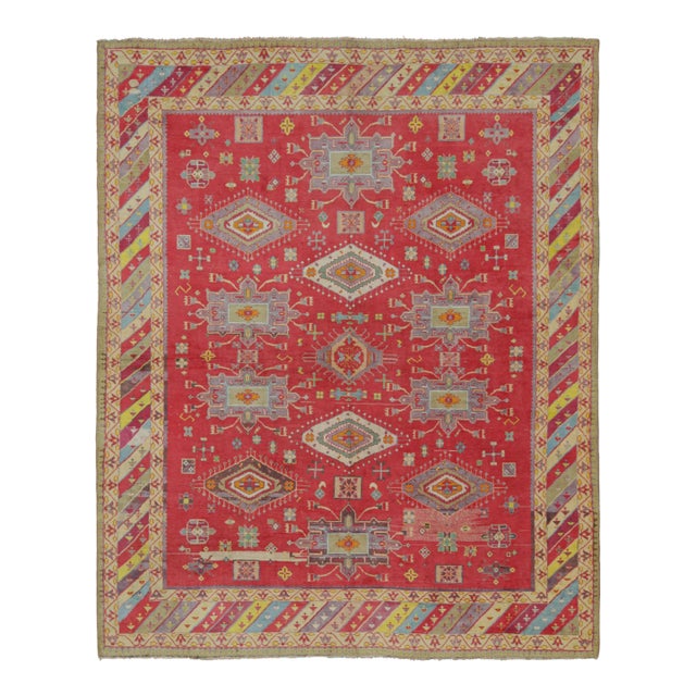 1920s Antique Agra Rug in Red With Colorful Geometric Patterns, From Rug & Kilim For Sale