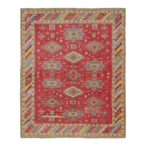 1920s Antique Agra Rug in Red With Colorful Geometric Patterns, From Rug & Kilim