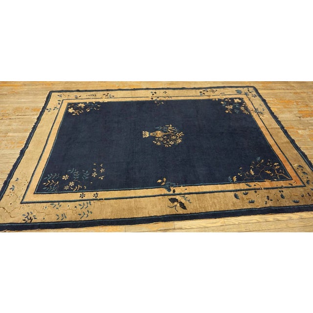 Chinese 1920s Blue Navy Vase Floral Antique Chinese Peking Carpet 6 X 8'7" Handknotted Wool Rug For Sale - Image 3 of 8