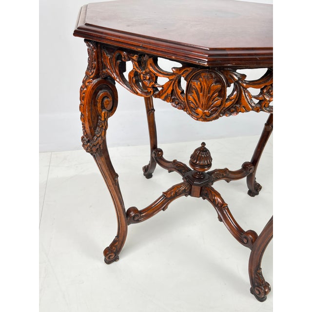 Rococo Revival Carved Walnut & Burl Octagonal Accent Table For Sale - Image 13 of 16