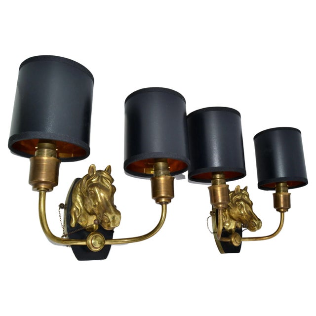 French Maison Baguès 2 Arm Horse Head Sconces Wall Lights French Neoclassical 1950 Pair For Sale - Image 3 of 13