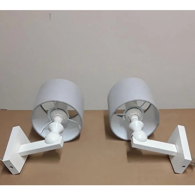 Vintage Wall Lights in White Painted Beech & Gray Fabric, 1970s, Set of 2, in Very Good conditions. Designed 1970 to 1979...