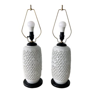 Vintage Blanc De Chine Reticulated Porcelain Cherry Blossom Lamps - a Pair For Sale