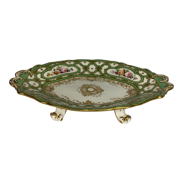 Antique Davenport Longport Apple Green Porcelain Footed Low Compote / Bowl For Sale
