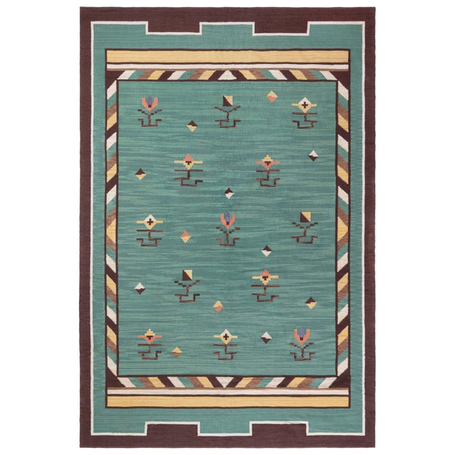 Doris Leslie Blau Midcentury Swedish Green Handmade Wool Rug For Sale