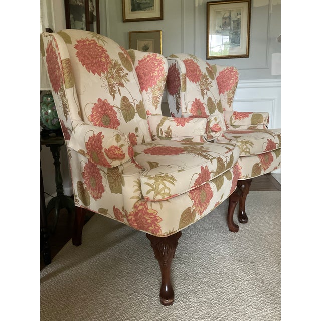 Classic look updated with great fabric beautiful vining chrysanthemums. Very comfortable seating.