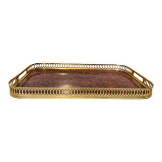 Mid Century Brass and Burled Walnut Serving Tray. For Sale