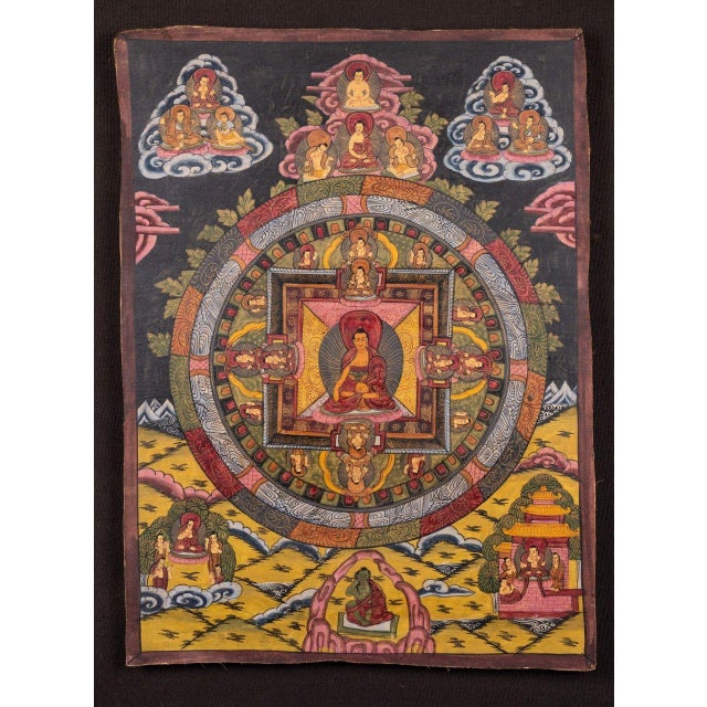 Traditional Antique 19th Century Tibetan Buddhist Mandala Thangka With Meditation Buddha For Sale - Image 3 of 9