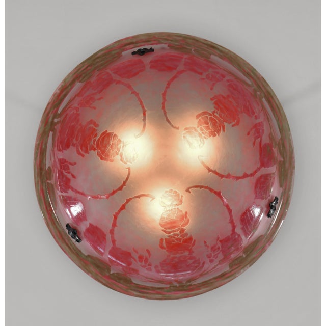 Metal French Art Deco Pendant Light by Le Verre Francais Schneider - 1925 Cameo Chandelier France For Sale - Image 7 of 12