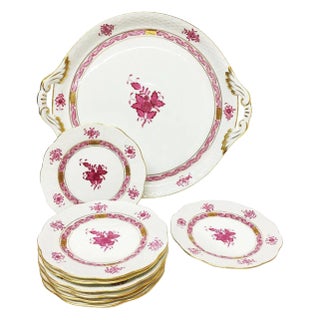Chinese Bouquet Raspberry Porcelain Round Tray and Small Plates from Herend Hungary, Set of 9 For Sale