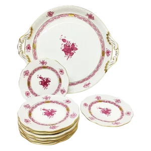 Chinese Bouquet Raspberry Porcelain Round Tray and Small Plates from Herend Hungary, Set of 9
