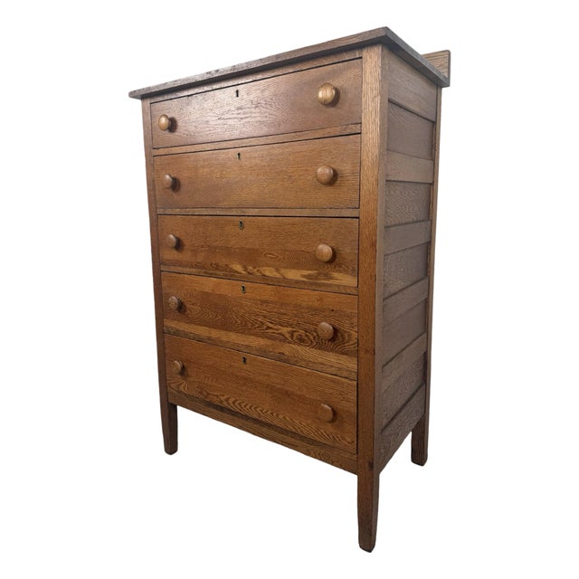 Early 20th Century Oak Five-Drawer Tall Chest of Drawers For Sale