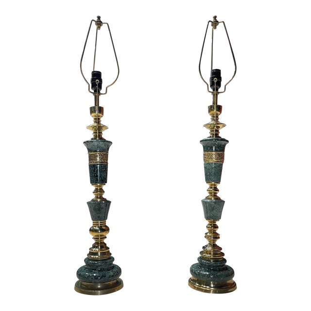 Japanese Bronze & Marble Column Table Lamps - a Pair For Sale