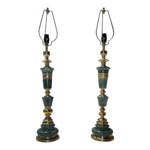 Japanese Bronze & Marble Column Table Lamps - a Pair