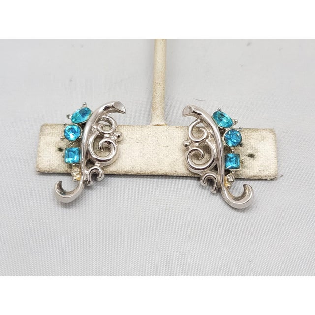 Vintage 1950 Signed Crown Trifari Alfred Philippe Design Faux-Aquamarine Clip Earrings - 2 Pieces For Sale - Image 9 of 9