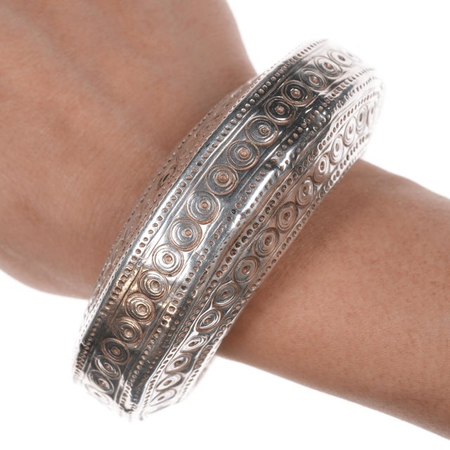 Contemporary 6" Antique SE Asian Golden triangle silver cuff bracelet For Sale - Image 3 of 11