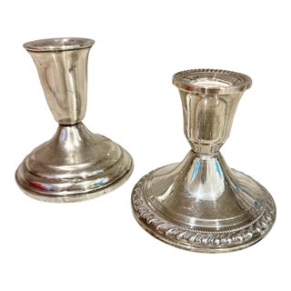 1950s Sterling Silver Mismatched Candlesticks, Pair For Sale