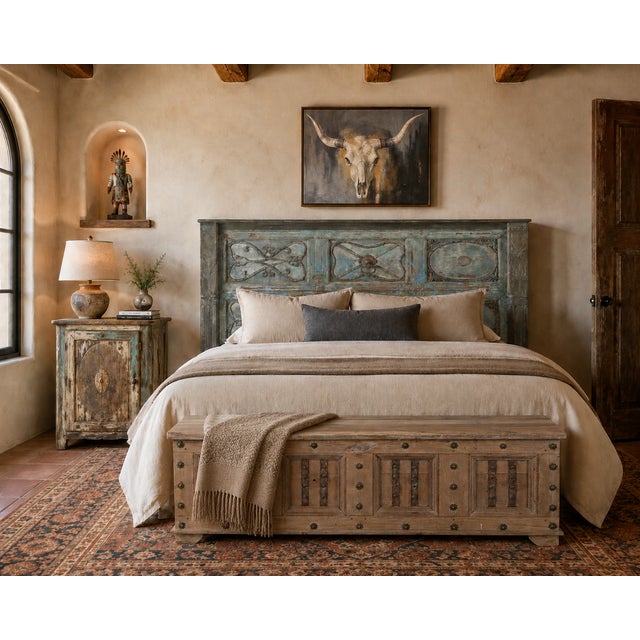 Indian King Size Headboard constructed from an Antique Painted Door and Pillars, each door with 3 panels carved with...