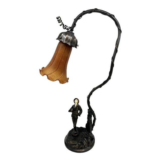 Early 20th Century Art Deco Desk Lamp, Bronze-Colored Metal With Art Glass Shade, Figure of Woman For Sale