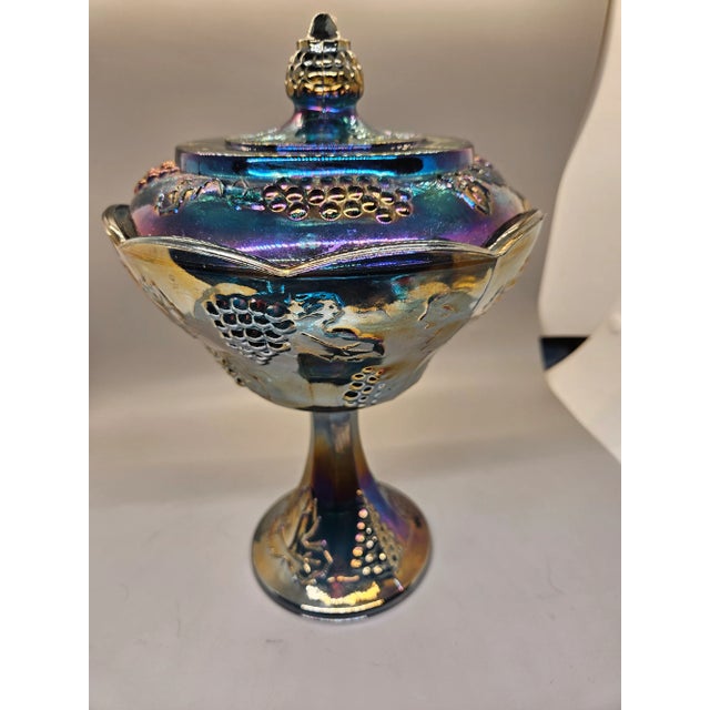 American Vintage Indiana Blue Carnival Glass Harvest Grape Iridescent Covered Pedestal Compote or Candy Dish For Sale - Image 3 of 8