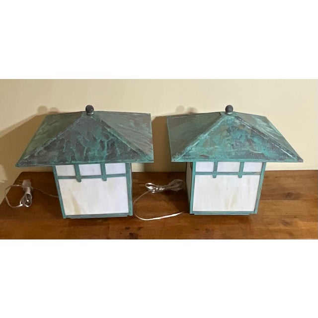 Metal Stunning Pair of Artisan Copper & Slag Glass Mission/Arts & Crafts Table Lamps For Sale - Image 7 of 18