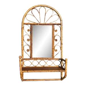 Vintage Hollywood Regency Burnt Bamboo Starburst Wall Mirror With Shelf - 1970s