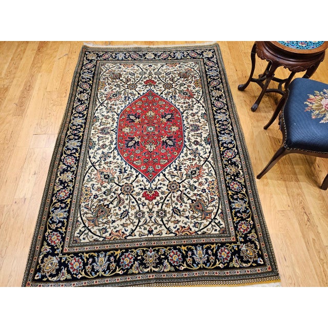 Vintage Qum Area Rug, Hand-Knotted Wool & Silk, Floral Medallion Pattern, 5x7, Ivory & Red For Sale In Chicago - Image 6 of 18
