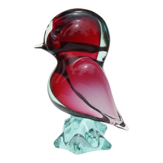 Seguso Murano Vintage Sommerso Red Light Blue Italian Art Glass Bird Figure Sculpture on Base For Sale