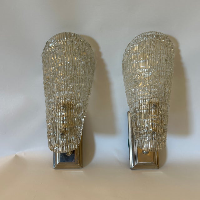 1950s Austrian Textured Ice Glass and Chrome Wall Sconces a Pair Style J. T. Kalmar For Sale - Image 11 of 12