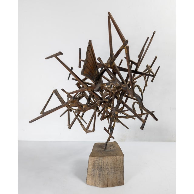 Mid-Century Modern Mid-Century Modern Brutalist Abstract Nail Sculpture on Wood Base For Sale - Image 3 of 12