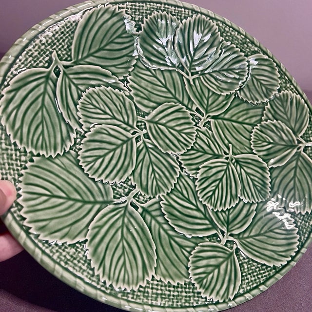 Vintage Bordallo Pinheiro Strawberry Leaf Serving Platter in rich glazed green majolica pottery. This beautifully textured...