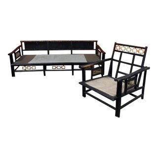 1950s James Mont Style Asian Modern Faux Bamboo Sofa & Lounge Chair — 2-Piece Set For Sale
