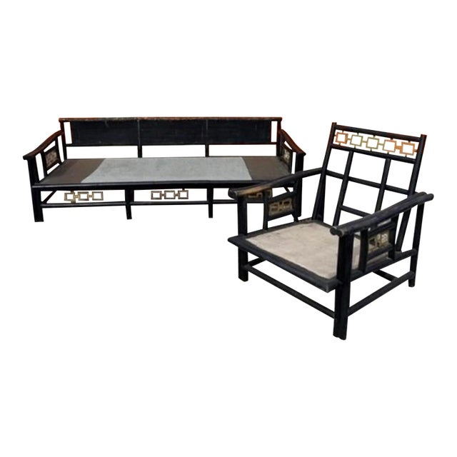 1950s James Mont-Style Asian Modern Faux Bamboo Sofa & Lounge Chair — Set For Sale